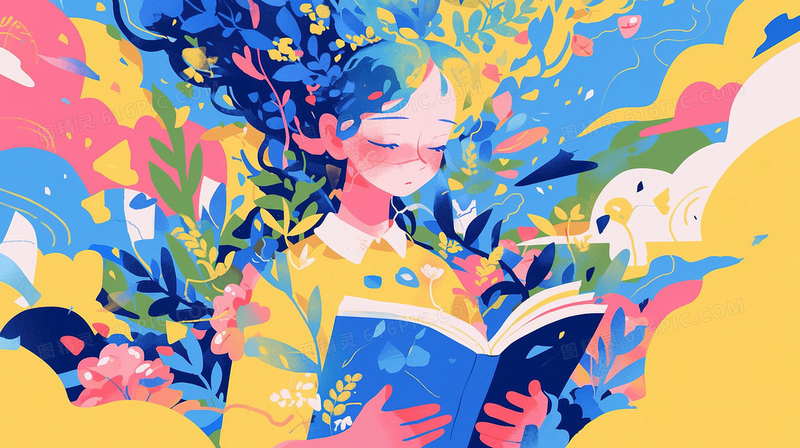 植物里看书的女学生插画