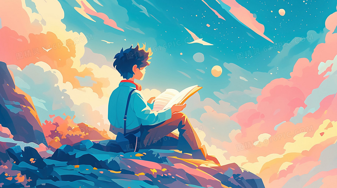 认真看书的男学生插画