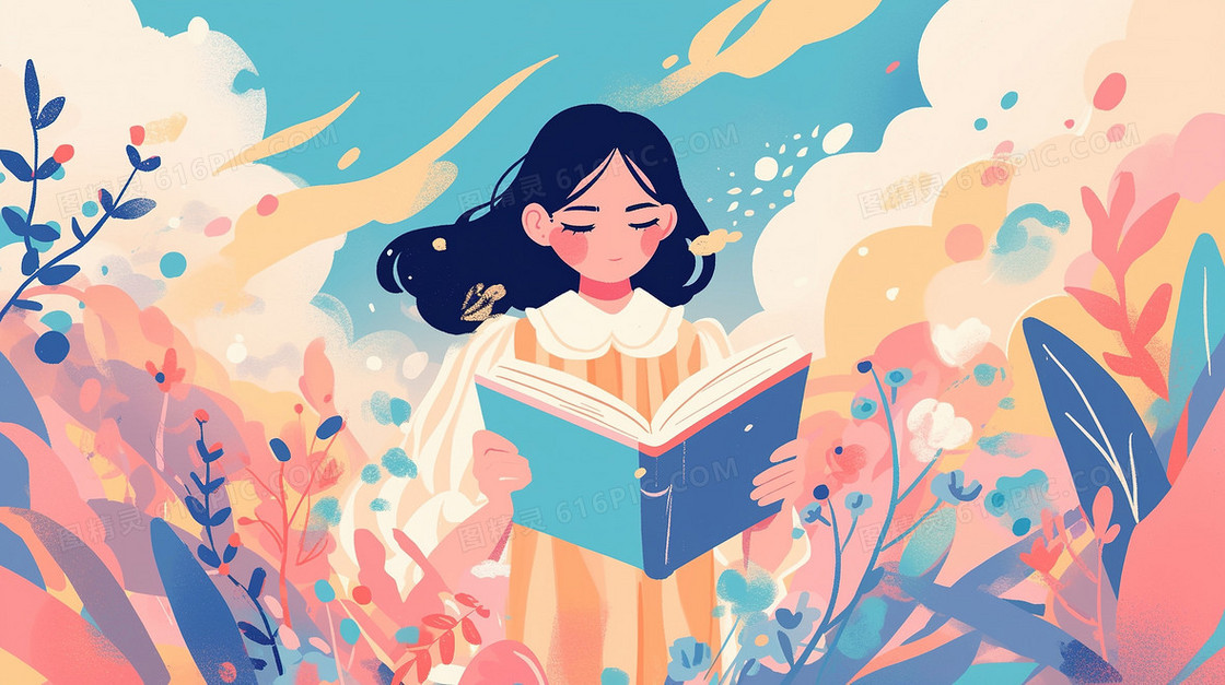 植物里看书的女学生插画