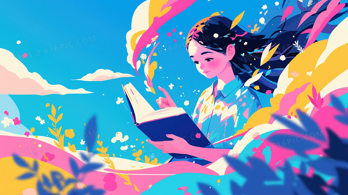 植物里看书的女学生插画
