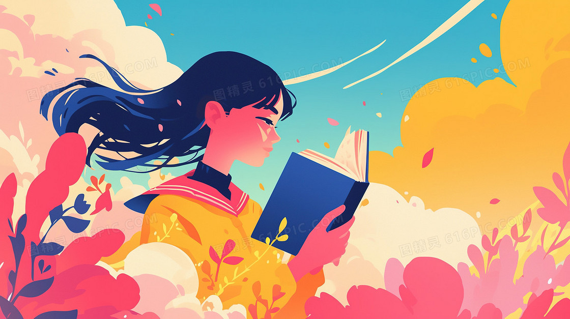 植物里看书的女学生插画