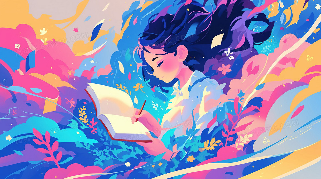 植物里看书的女学生插画