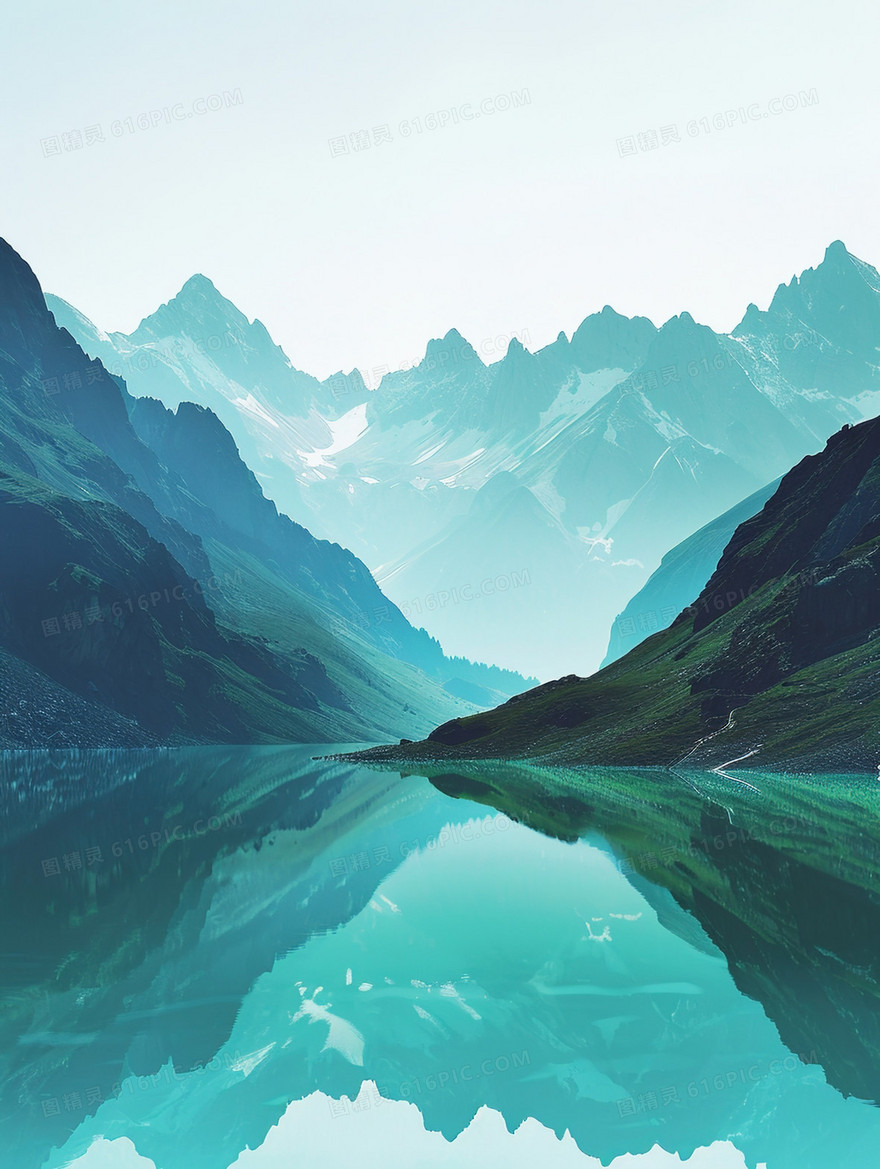 蓝色唯美青山绿水风景插画