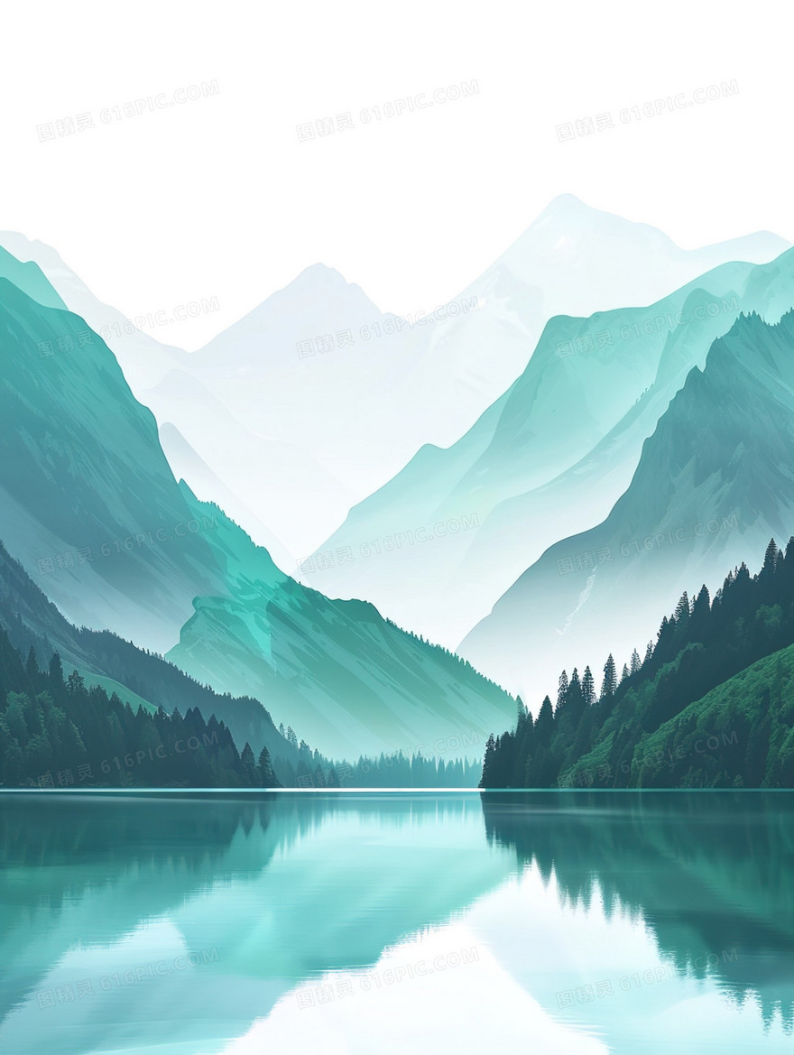 蓝色唯美青山绿水风景插画