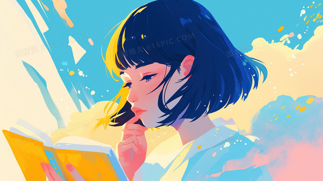 认真看书的女学生插画