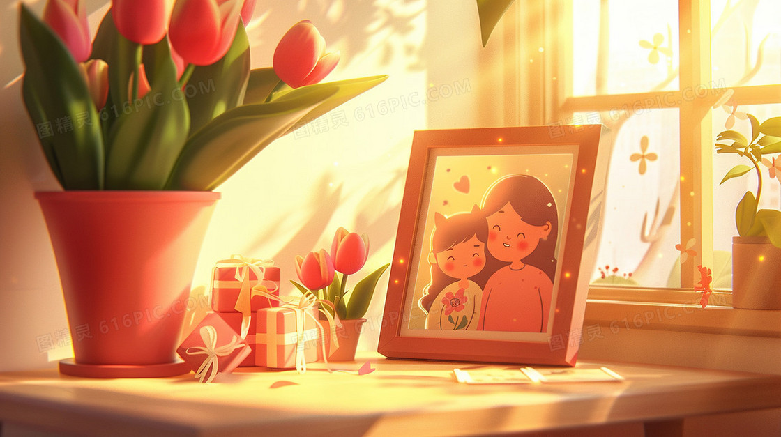 桌面母女相框百合花插画