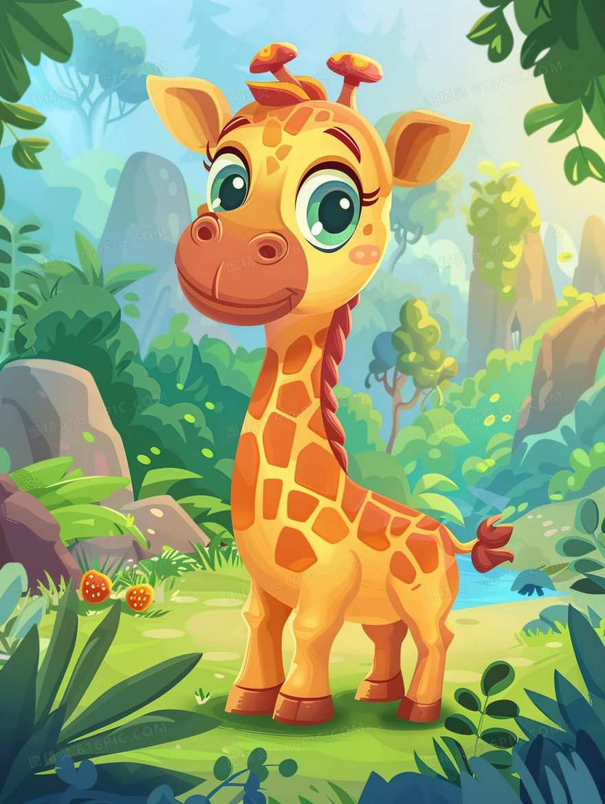 森林中的大眼睛长颈鹿插画