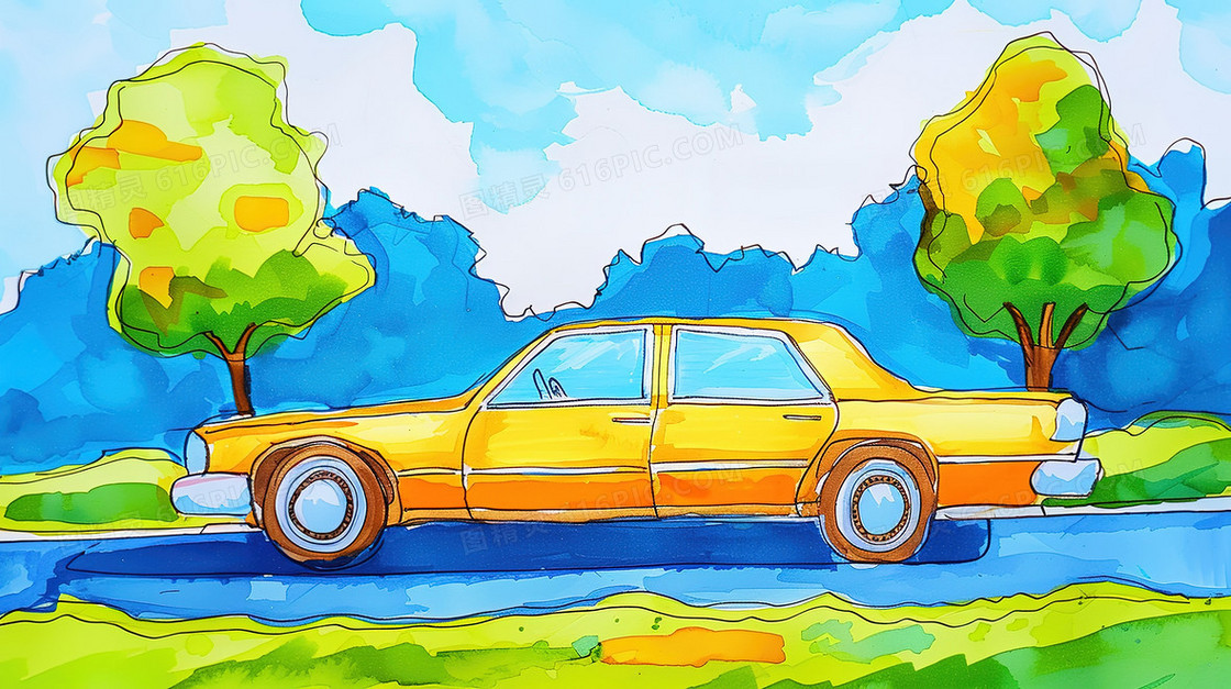 道路上行驶的小汽车插画