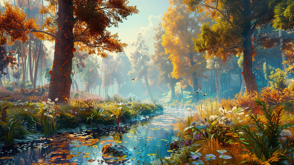 树林中的河流唯美风景插画