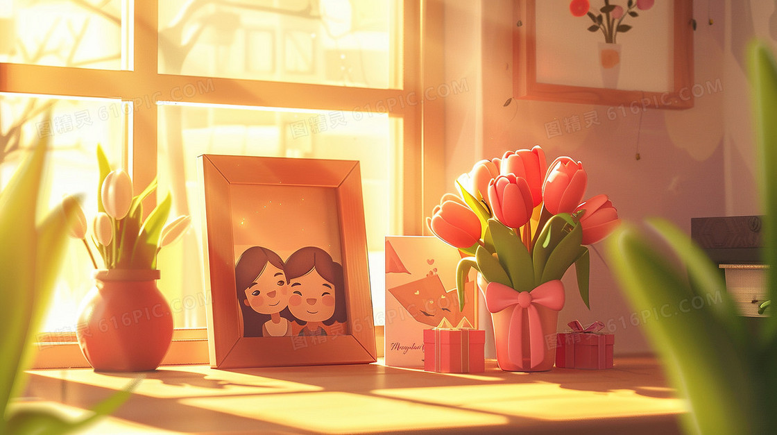 桌面母女相框百合花插画