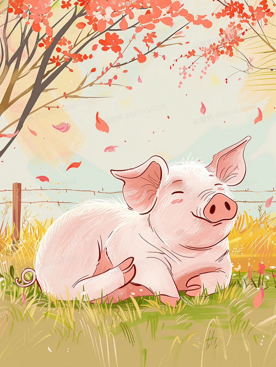 草地上的可爱小猪插画