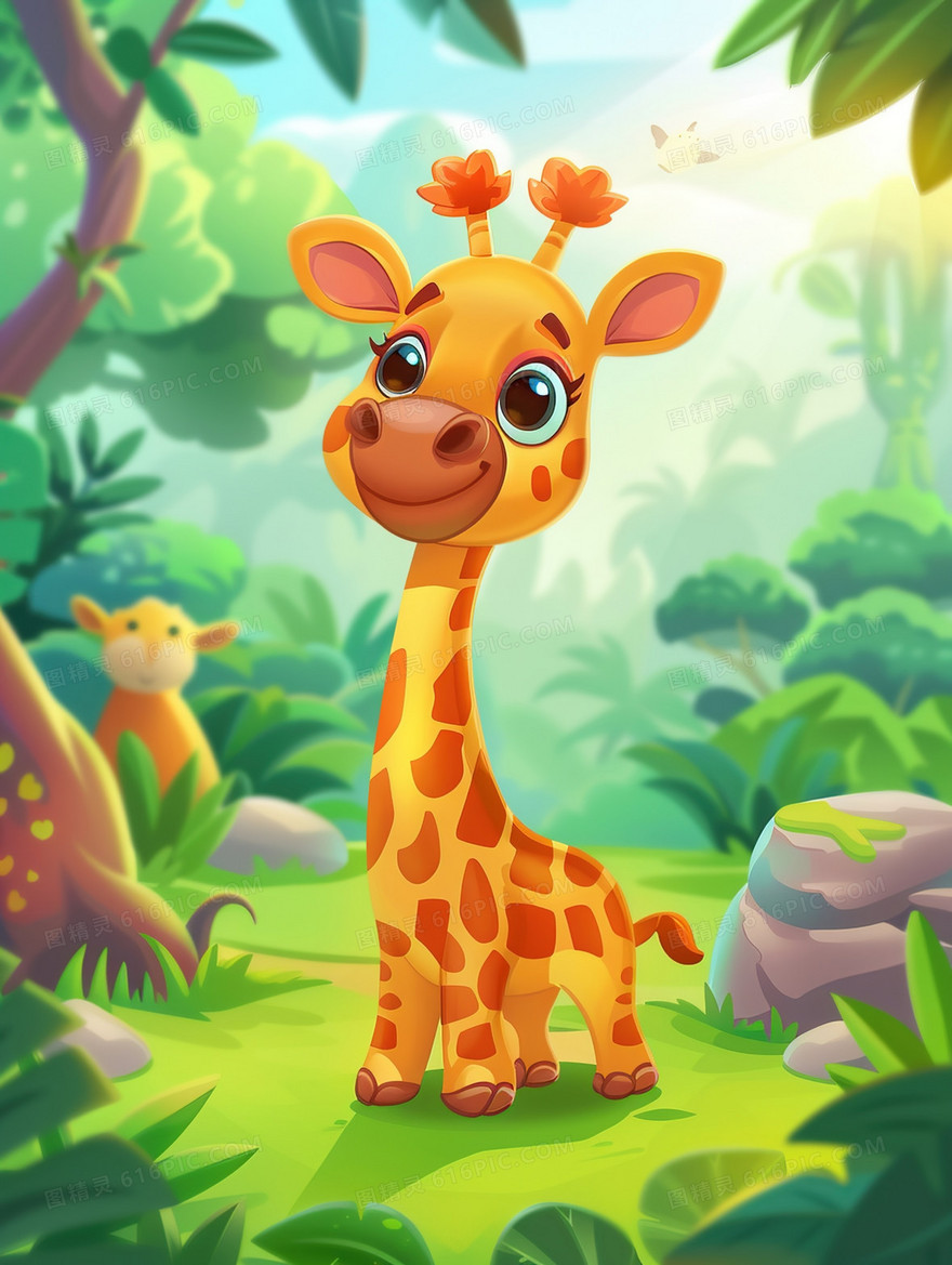 森林中的大眼睛长颈鹿插画