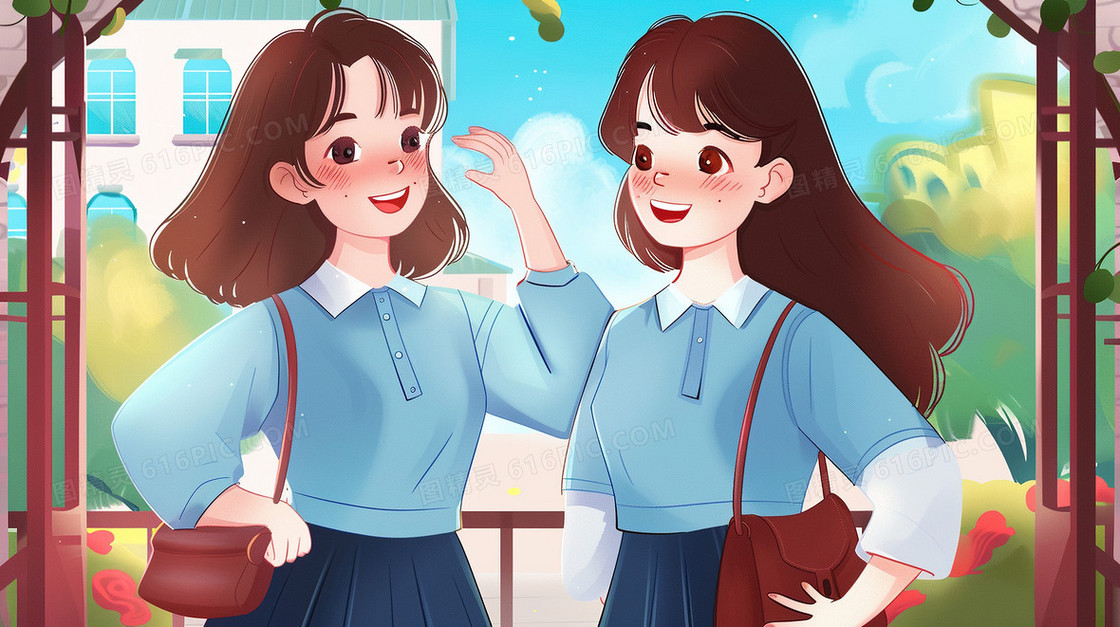 校园交流的两个女学生插画