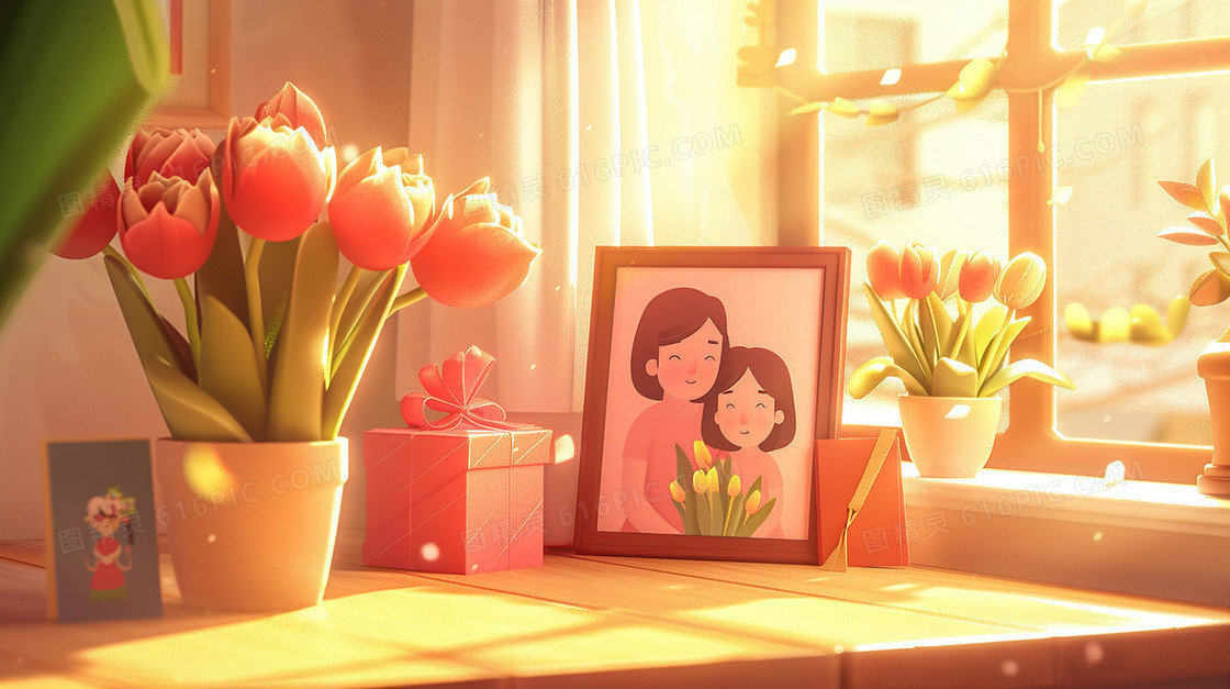 桌面母女相框百合花插画