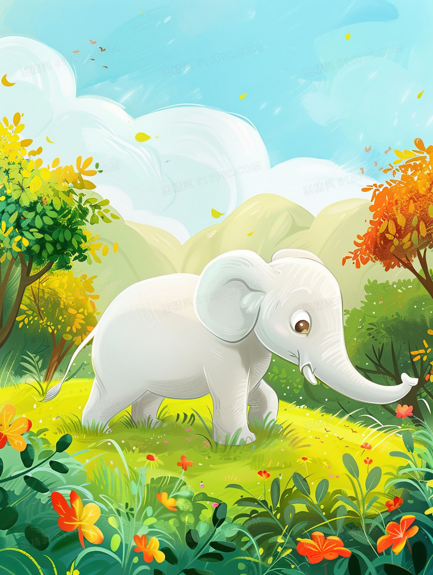 森林草地上的小象插画