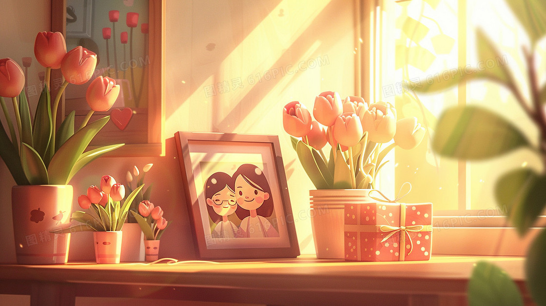 桌面母女相框百合花插画