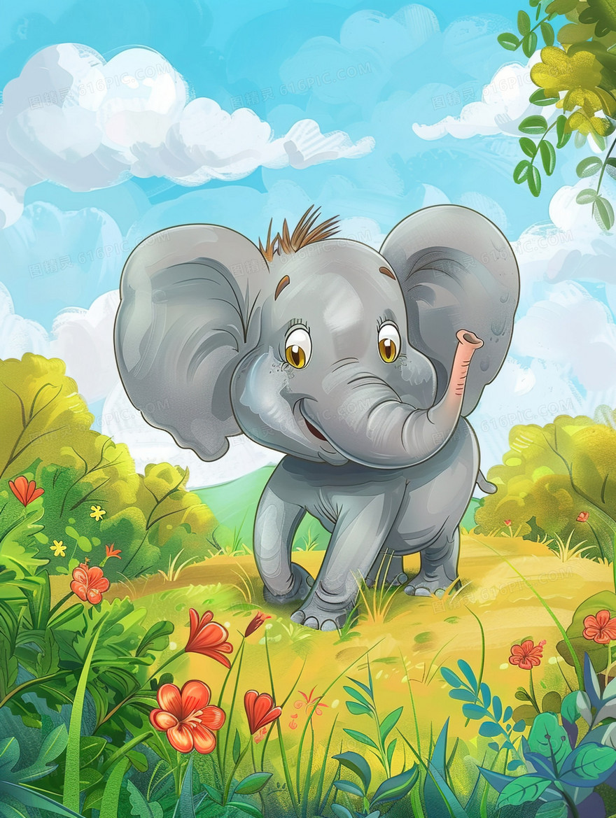 森林草地上的小象插画