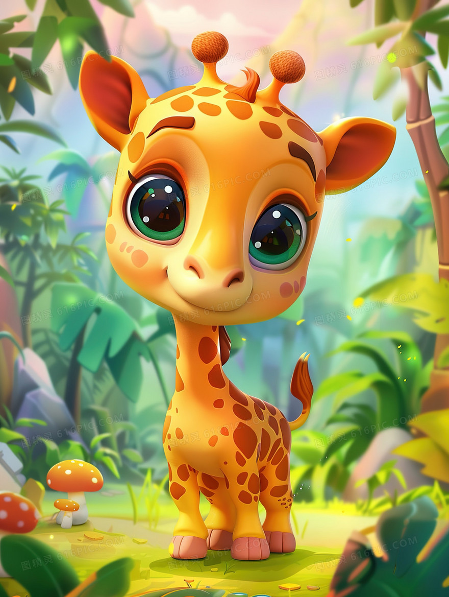 森林中的大眼睛长颈鹿插画