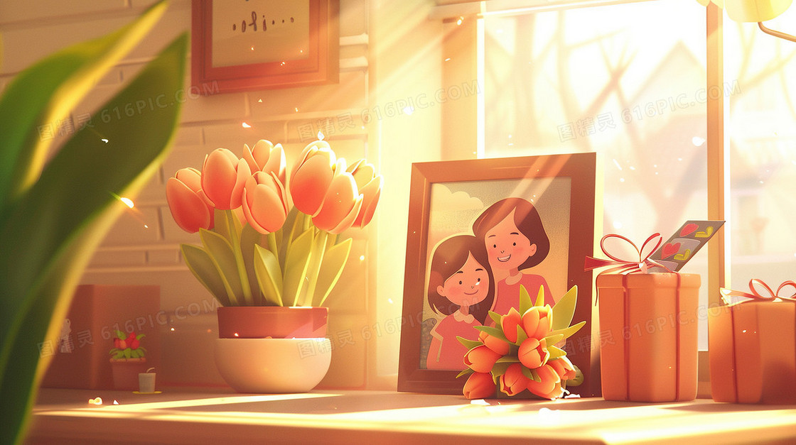 桌面母女相框百合花插画