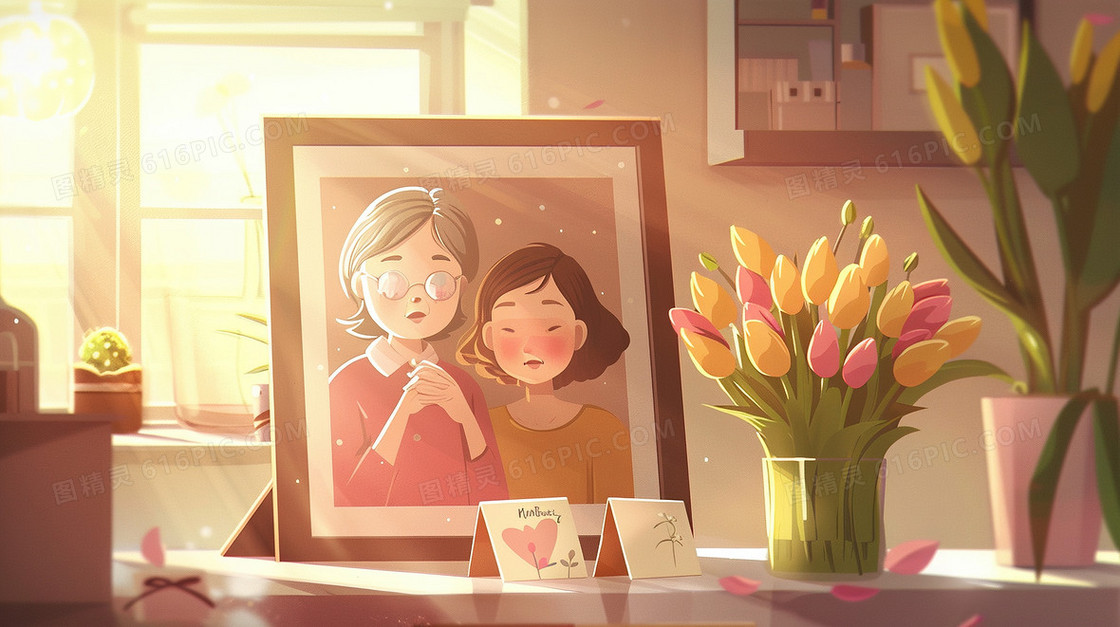 桌面母女相框百合花插画