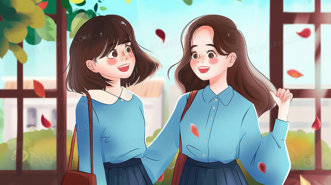 校园交流的两个女学生插画