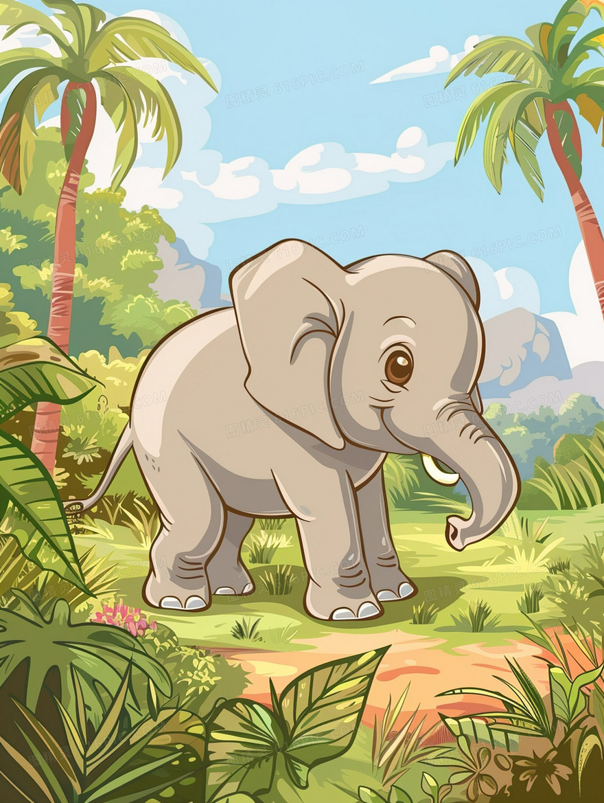 森林草地上的小象插画