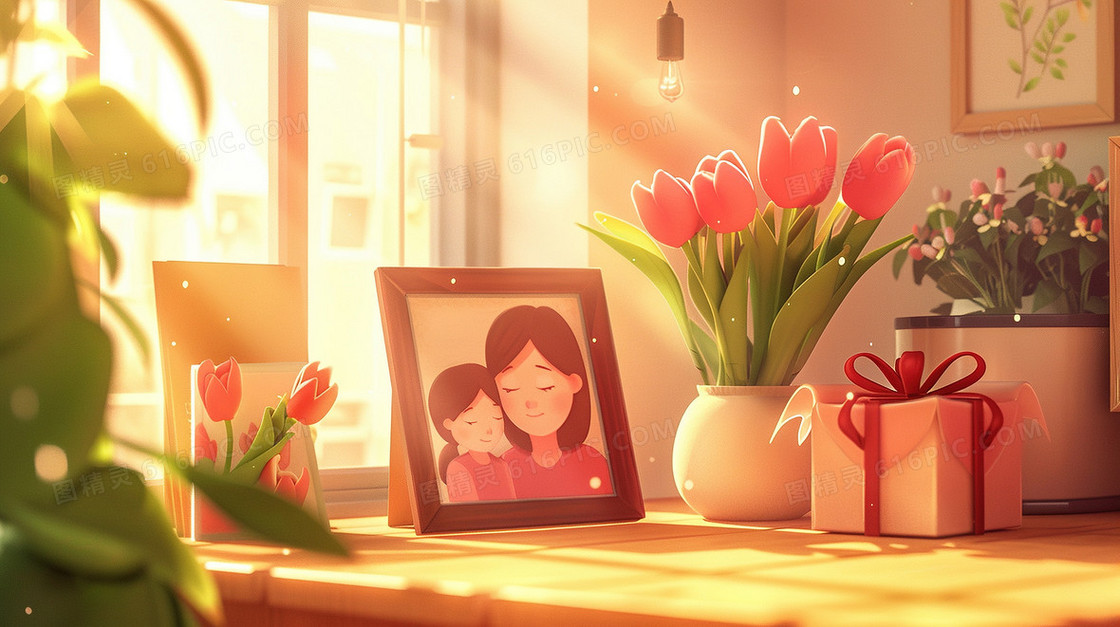 桌面母女相框百合花插画