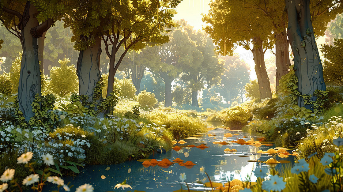 树林中的河流唯美风景插画