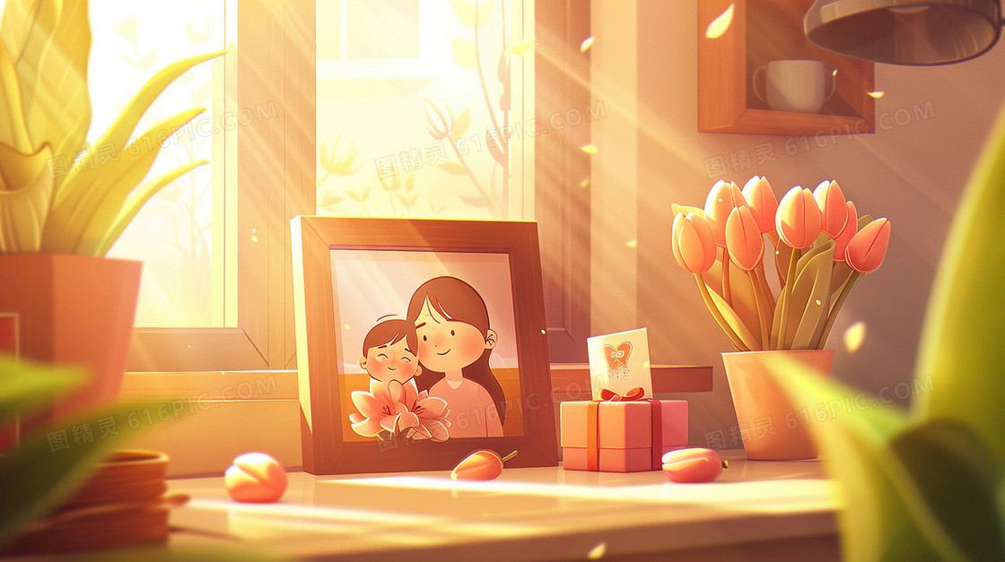 桌面母女相框百合花插画
