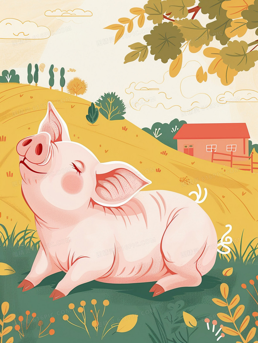 草地上的可爱小猪插画