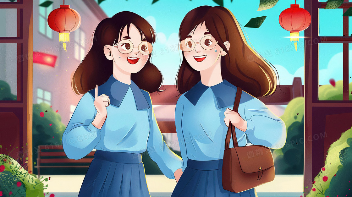校园交流的两个女学生插画