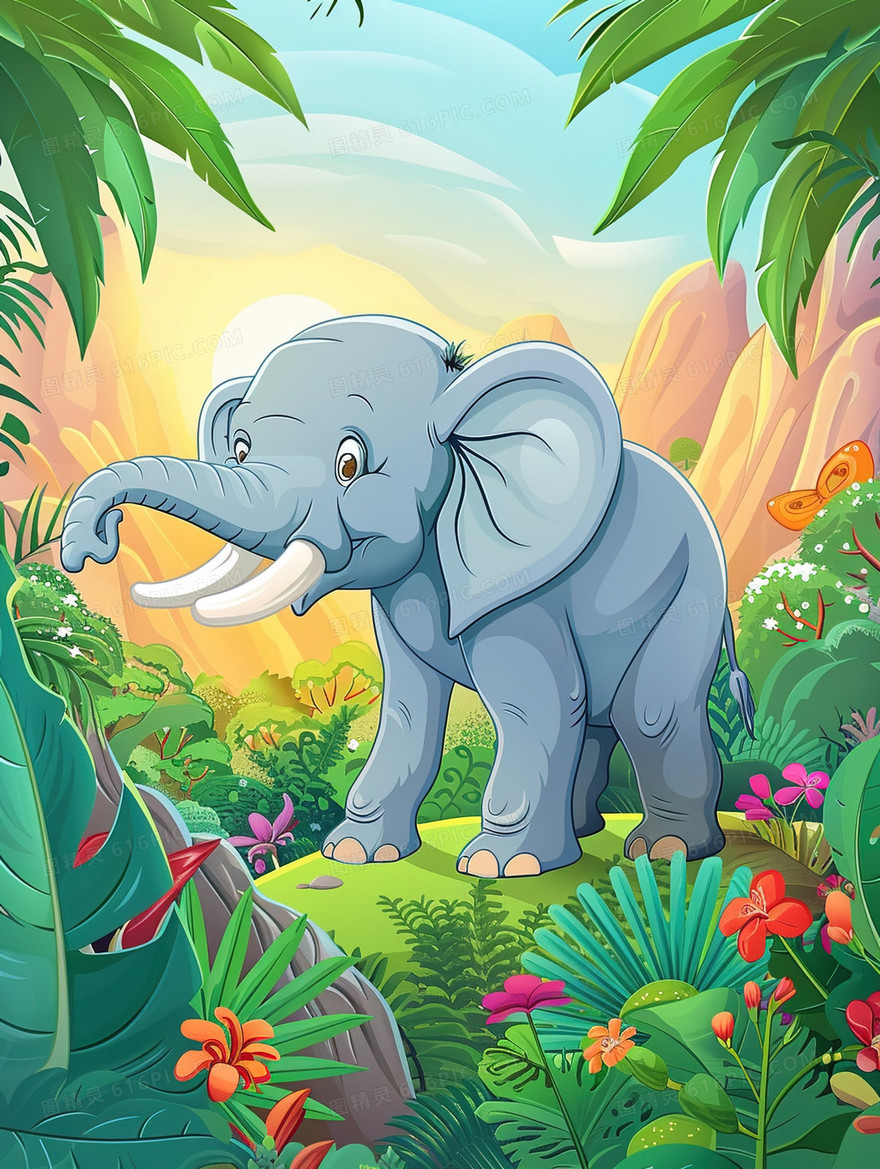 森林草地上的小象插画