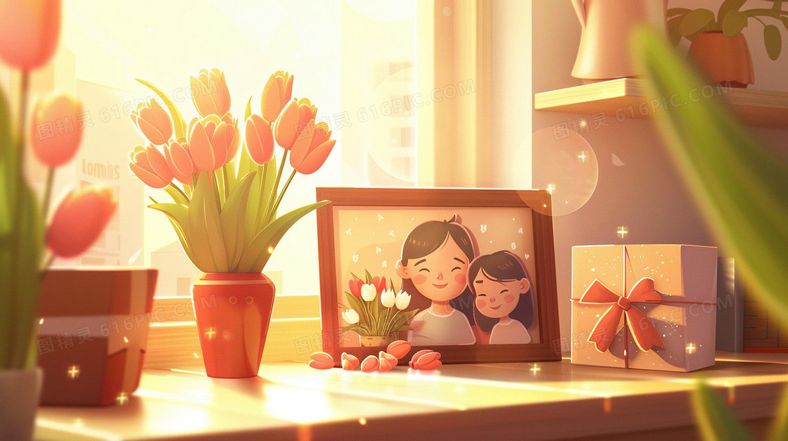 桌面母女相框百合花插画