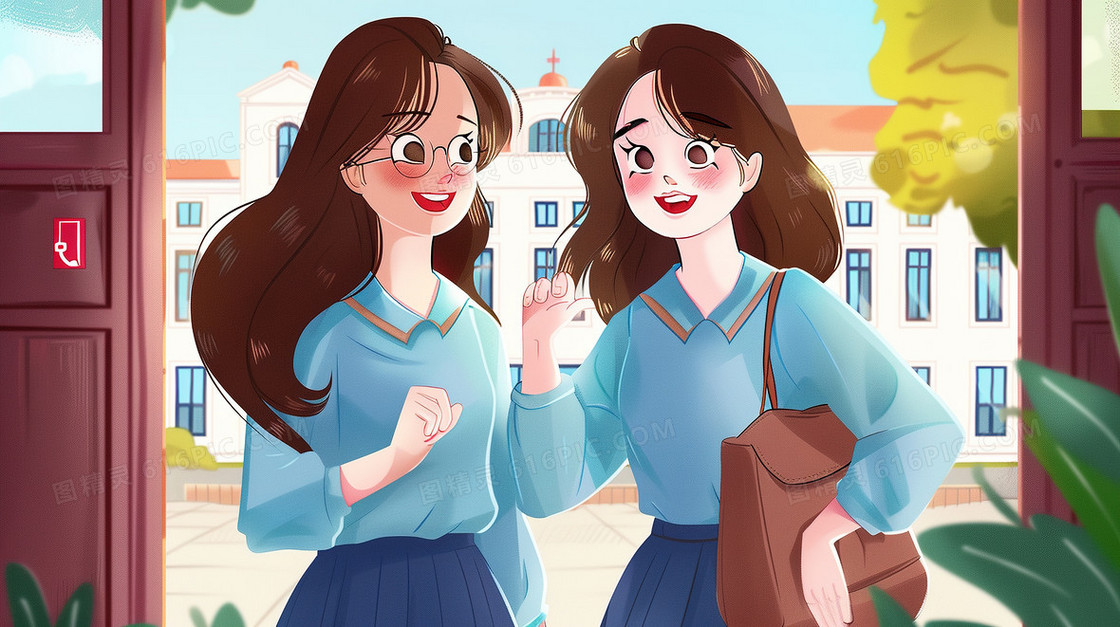 校园交流的两个女学生插画