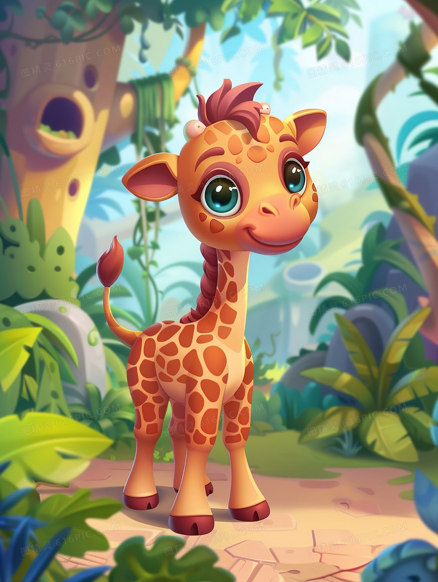 森林中的大眼睛长颈鹿插画