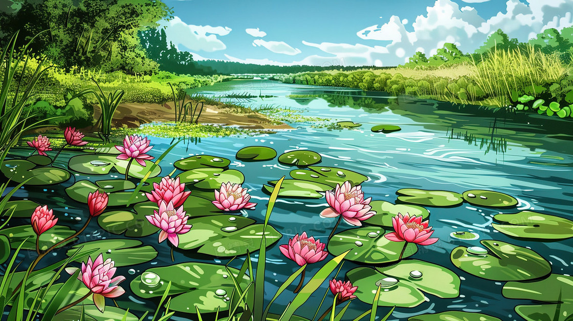 绿色夏季水生植物荷叶插画