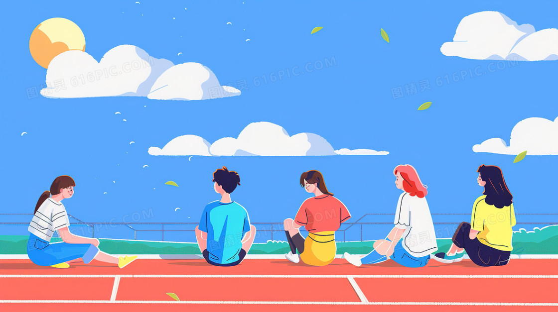 坐在操场交流的青年学生插画