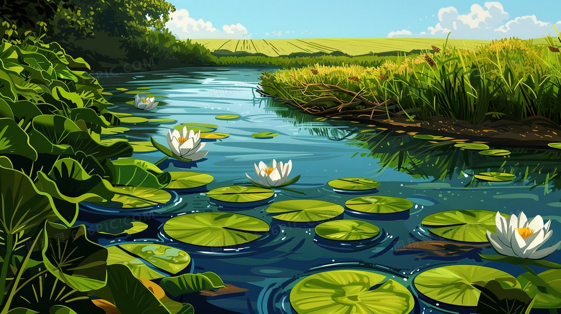 绿色夏季水生植物荷叶插画