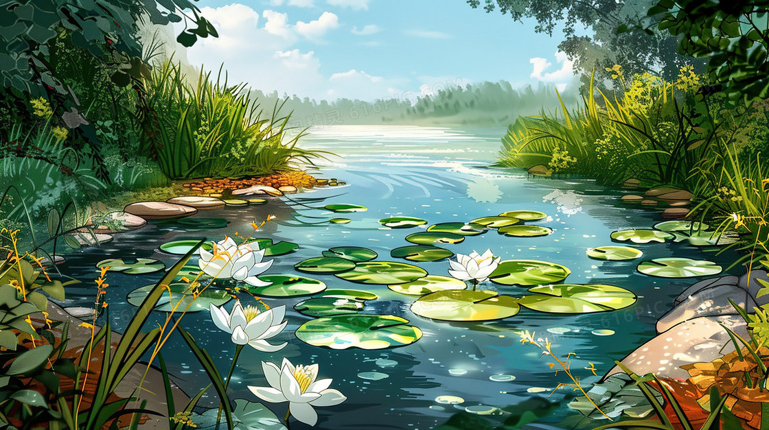 绿色夏季水生植物荷叶插画