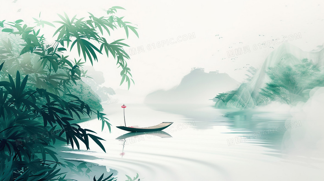 夏季唯美湖面风景插画