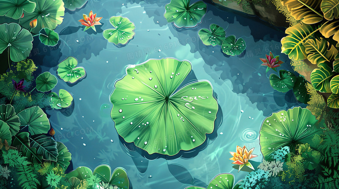 绿色夏季水生植物荷叶插画