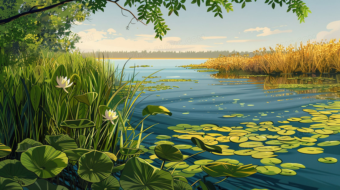 绿色夏季水生植物荷叶插画