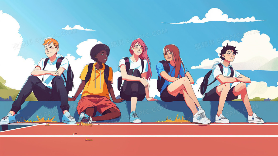 坐在操场交流的青年学生插画