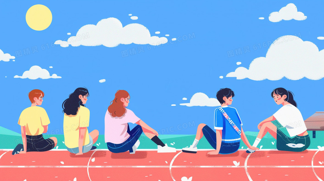 坐在操场交流的青年学生插画