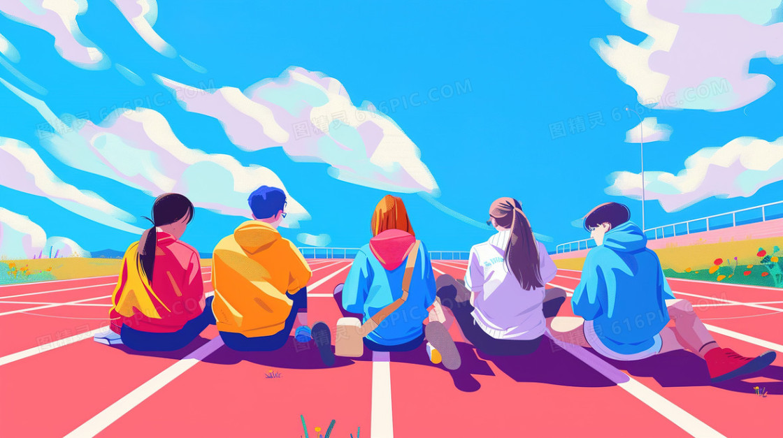 坐在操场交谈的青年学生插画