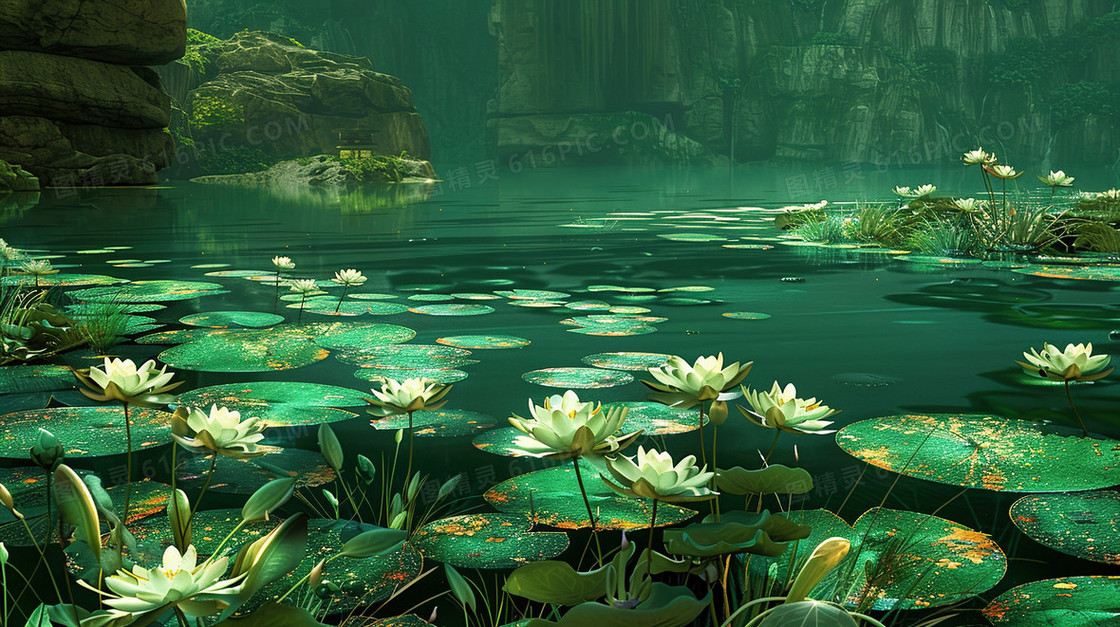 绿色夏季水生植物荷叶插画