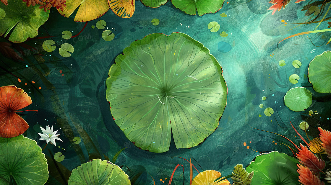 绿色夏季水生植物荷叶插画