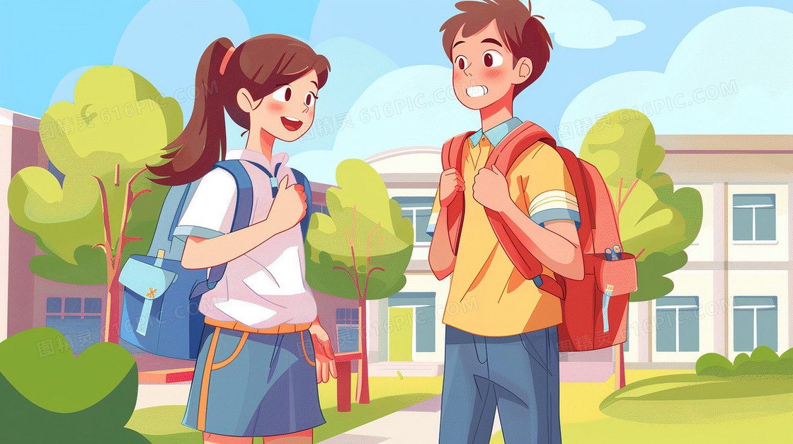 背书包上学的中学生插画