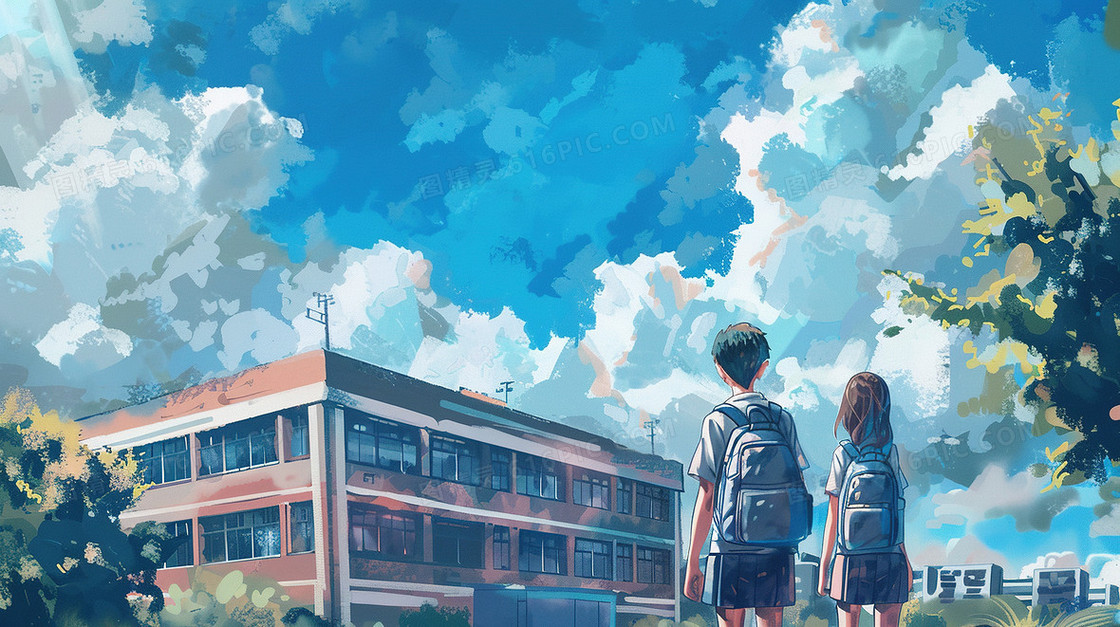 背书包上学的中学生插画
