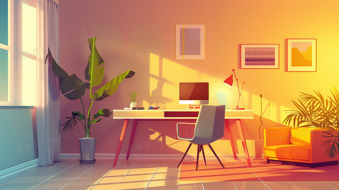 学习书桌桌面电脑插画